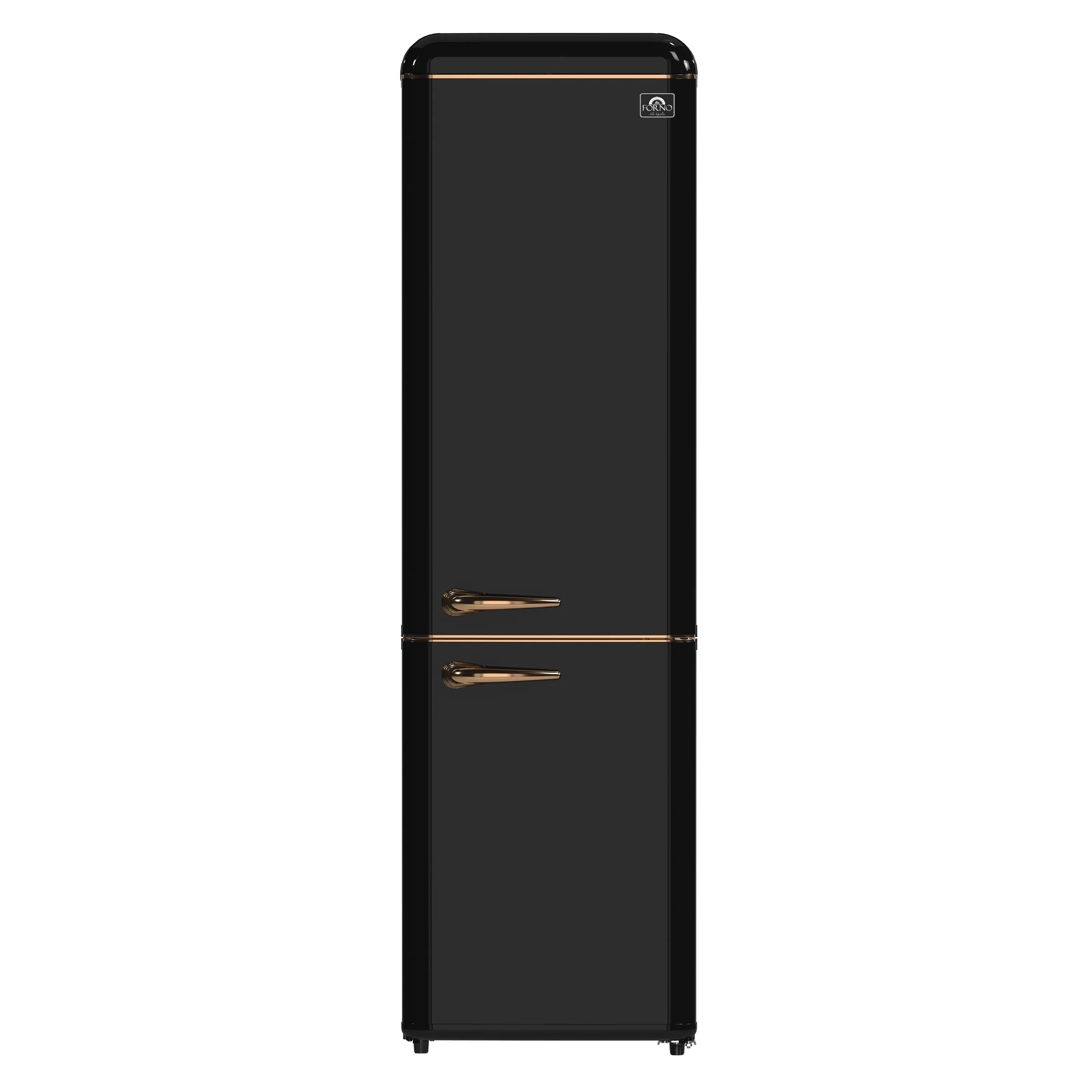 Black retro bottom-freezer refrigerator front view with two copper-tone handles