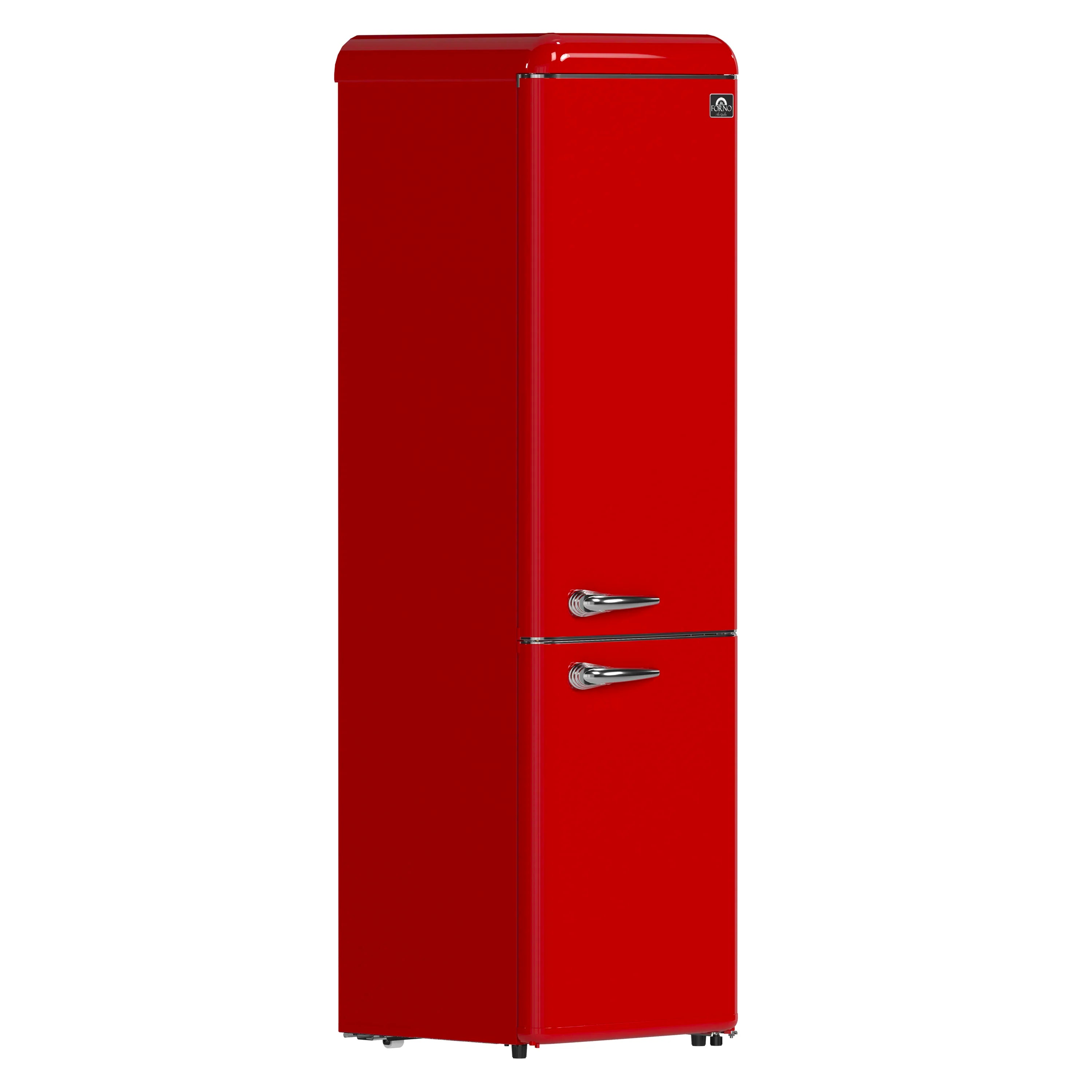 Red retro bottom-freezer refrigerator with chrome handles and smooth front doors