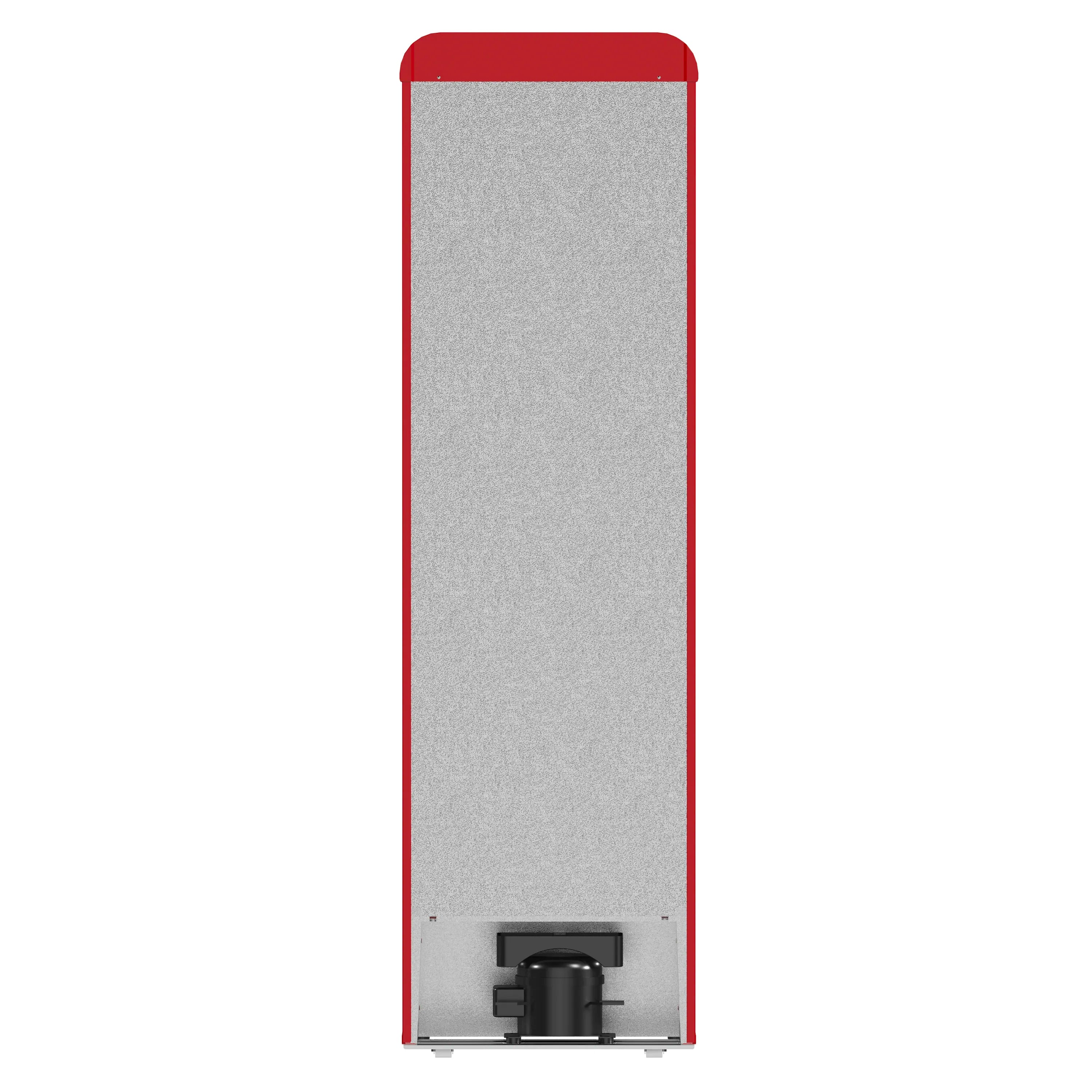 Red retro bottom-freezer refrigerator with open back panel and coffee maker on shelf