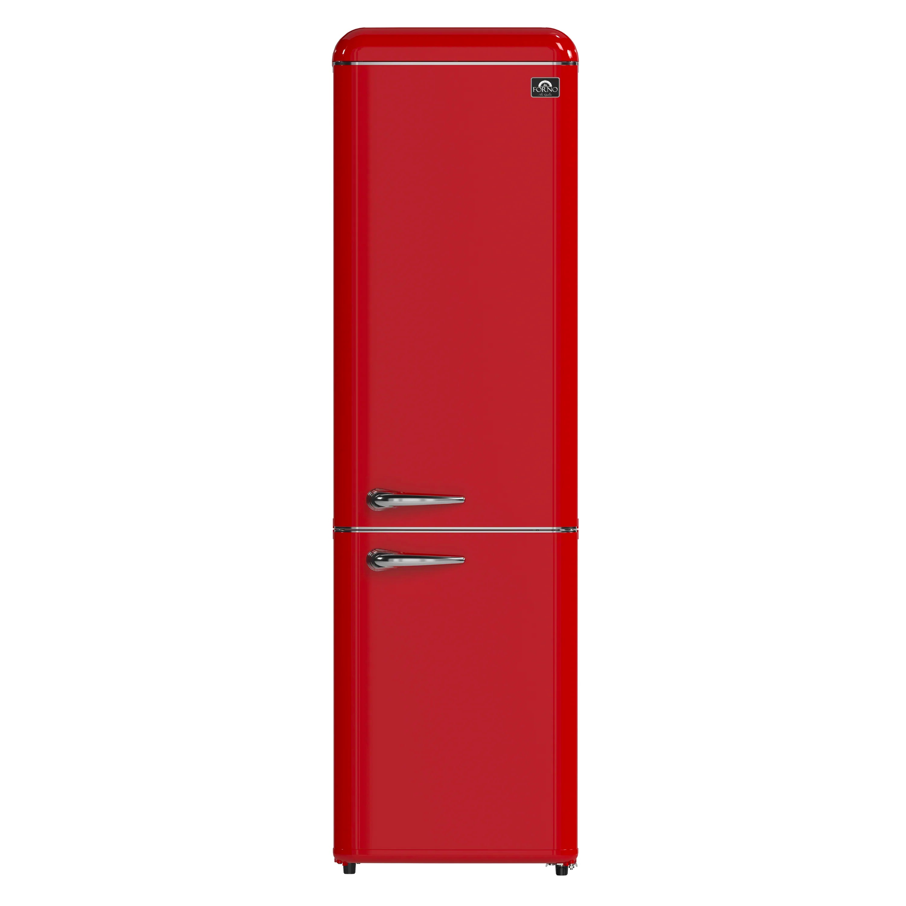 Red retro bottom-freezer refrigerator with two metal handles and top control panel