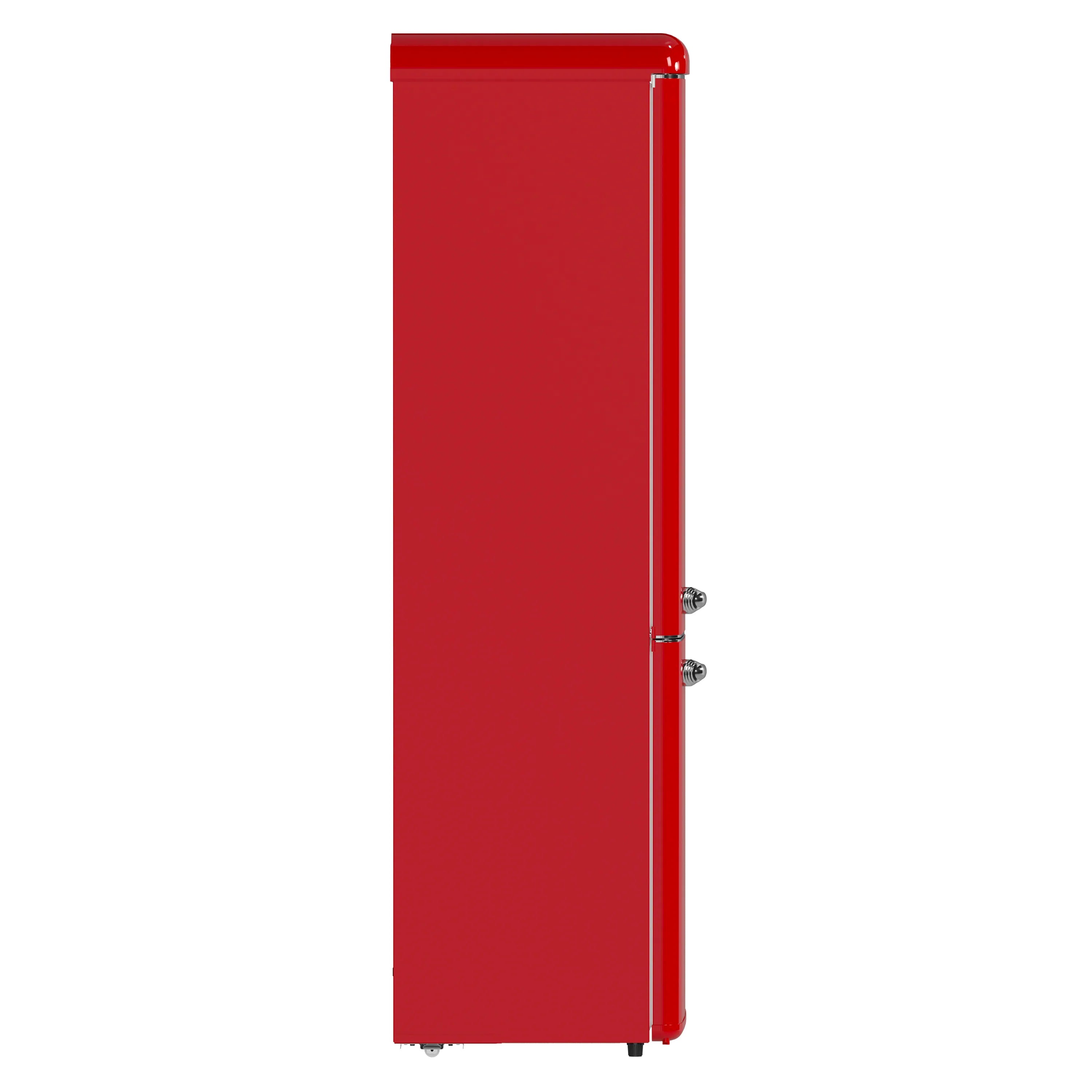 Red retro bottom-freezer refrigerator side view with door hinge and control hardware