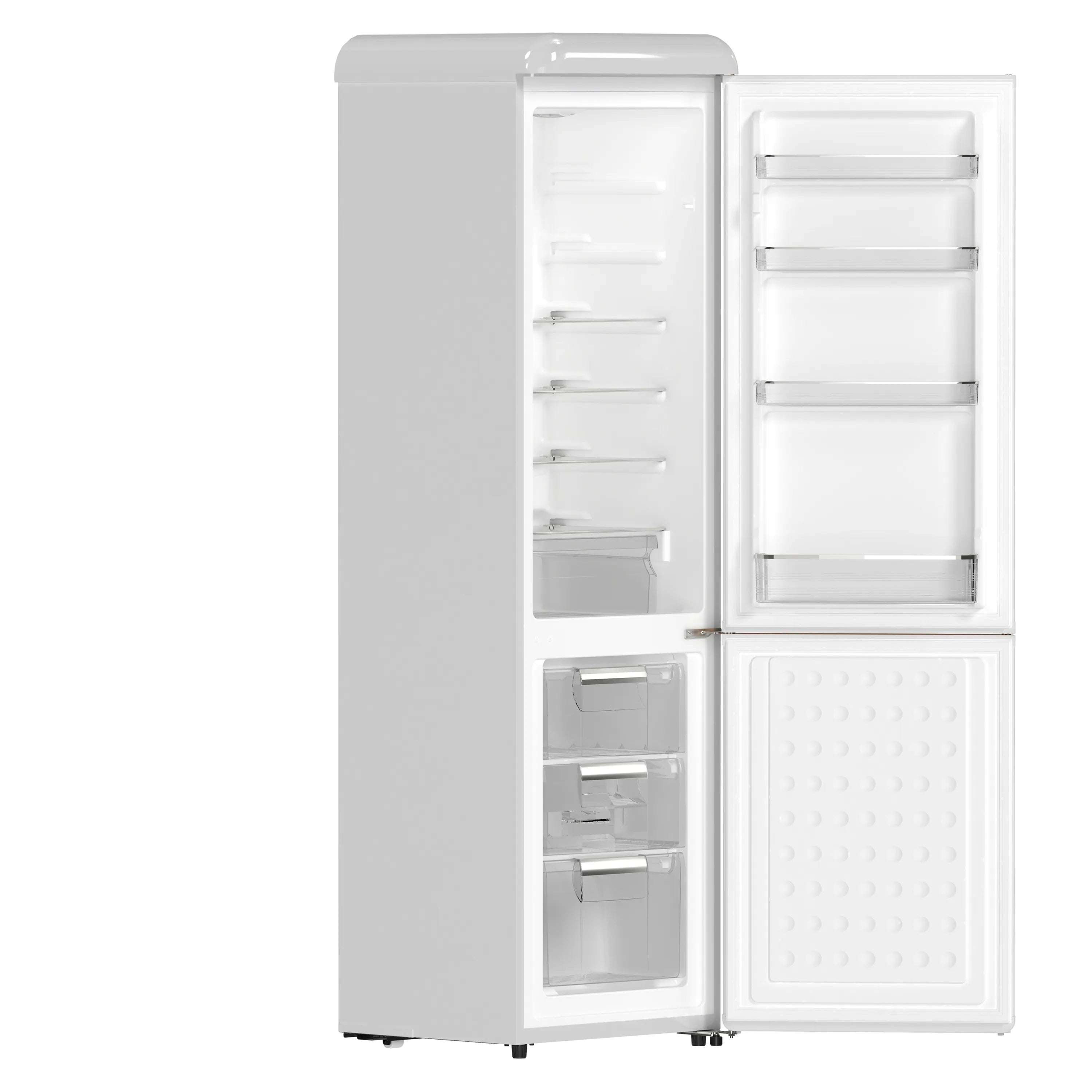 White retro bottom-freezer refrigerator with open freezer and refrigerator compartments