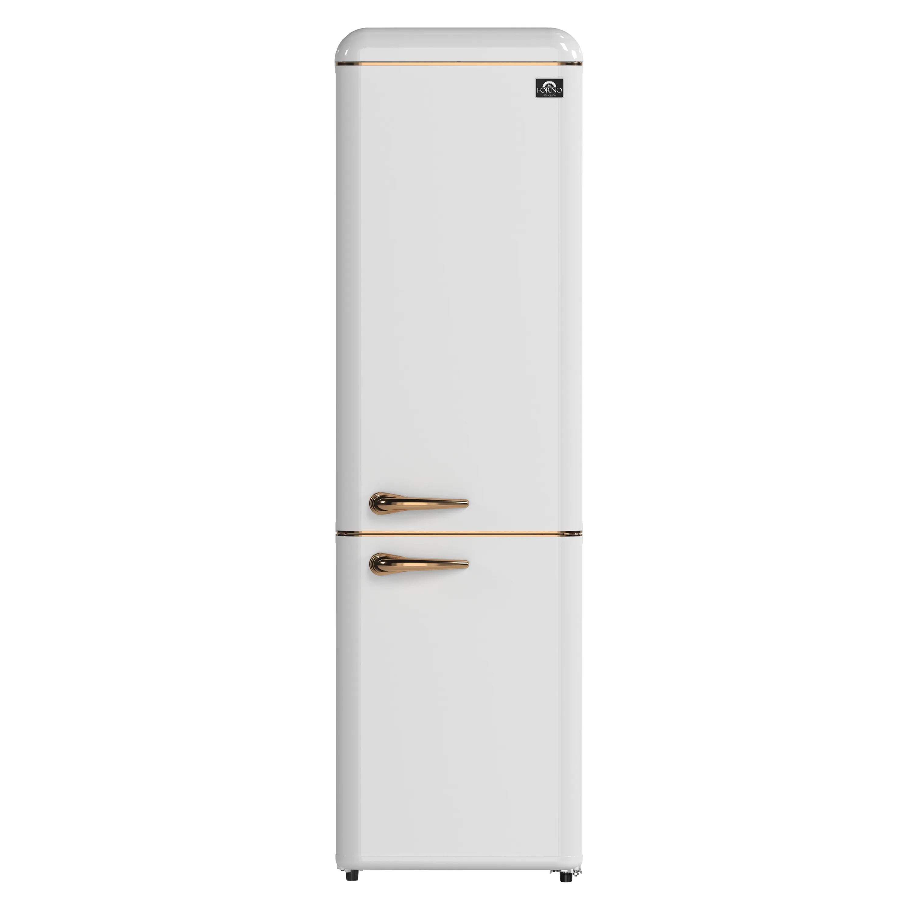 White retro bottom-freezer refrigerator exterior with copper-tone bar handles