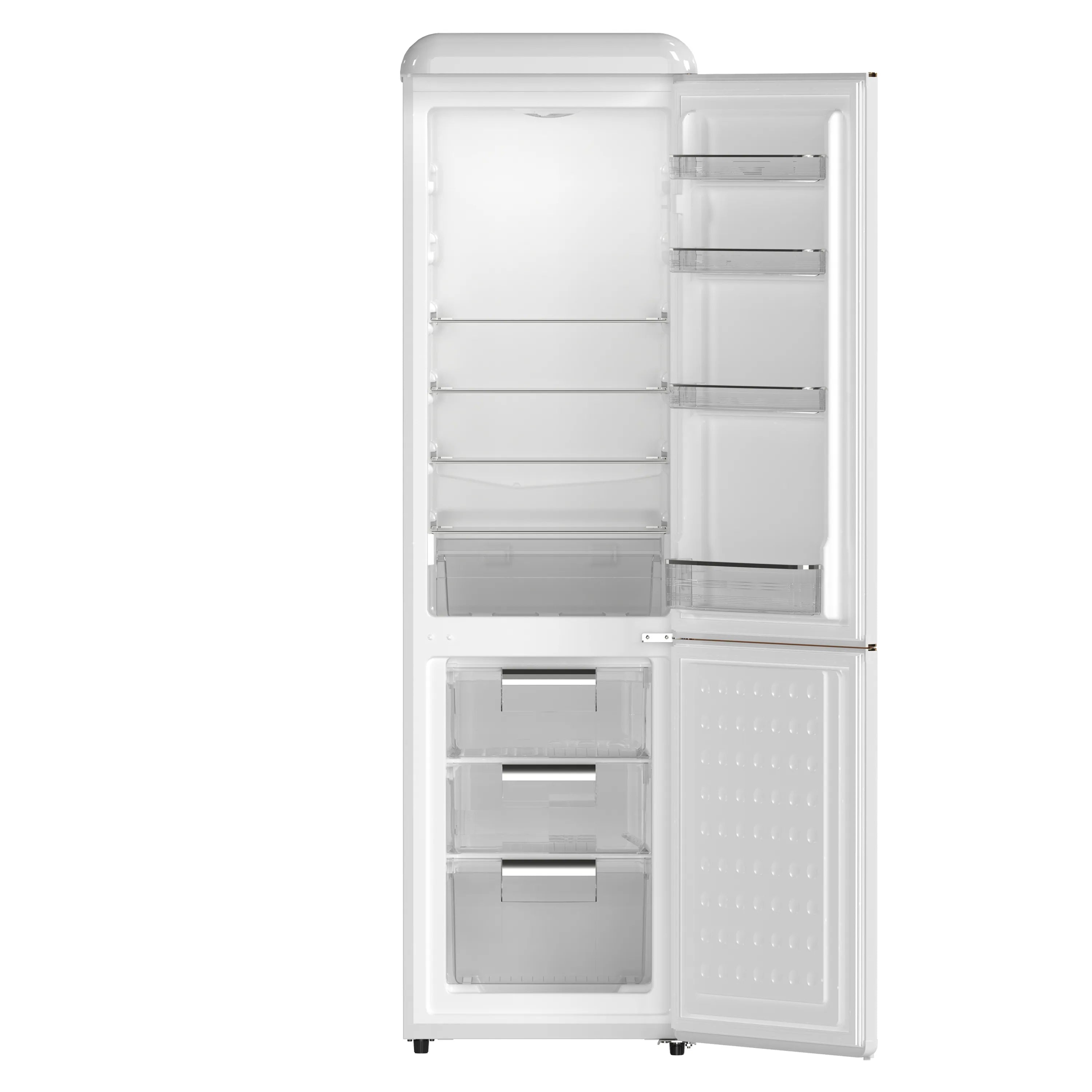 White retro bottom-freezer refrigerator with open doors and interior shelves