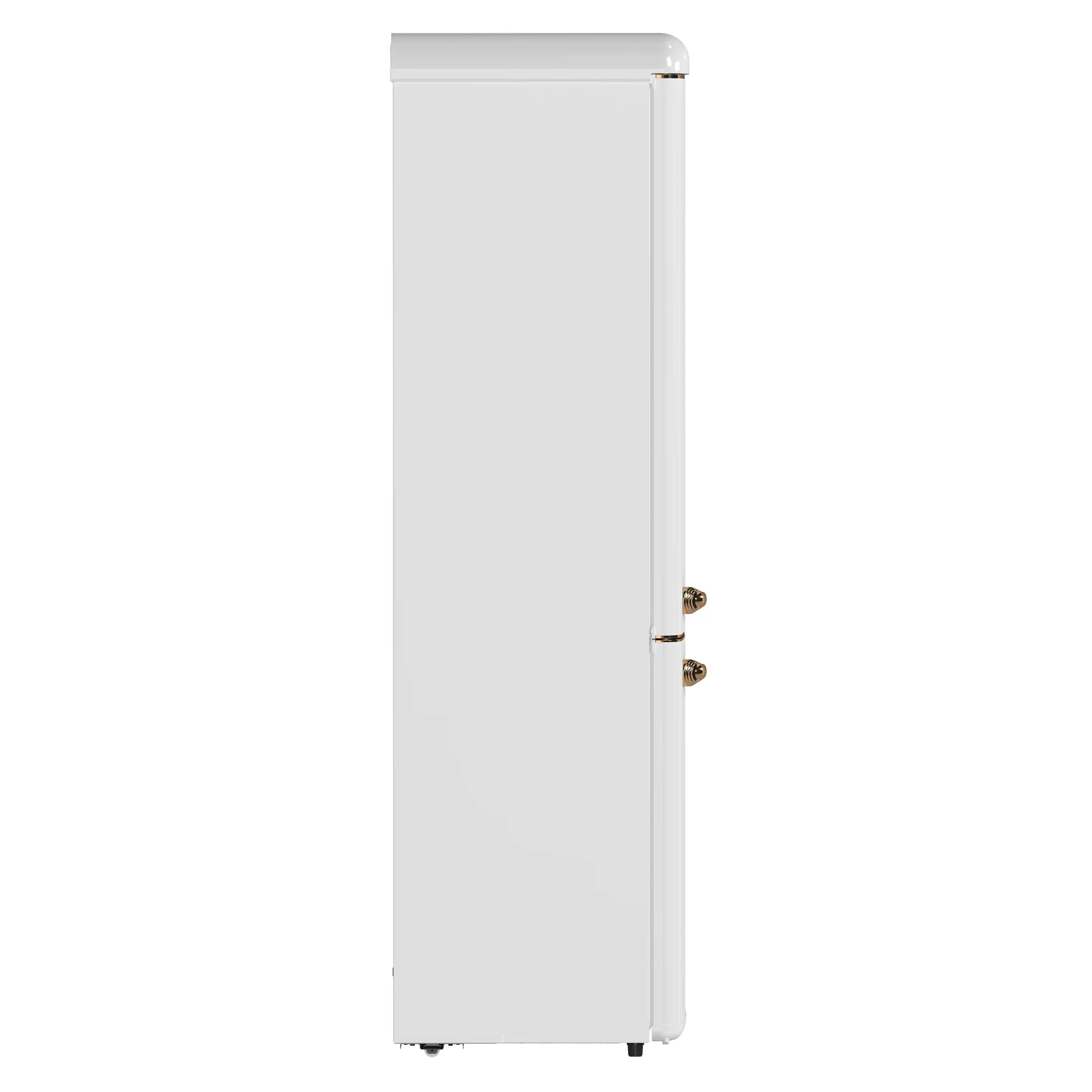 White retro bottom-freezer refrigerator side profile with copper-tone hardware accents