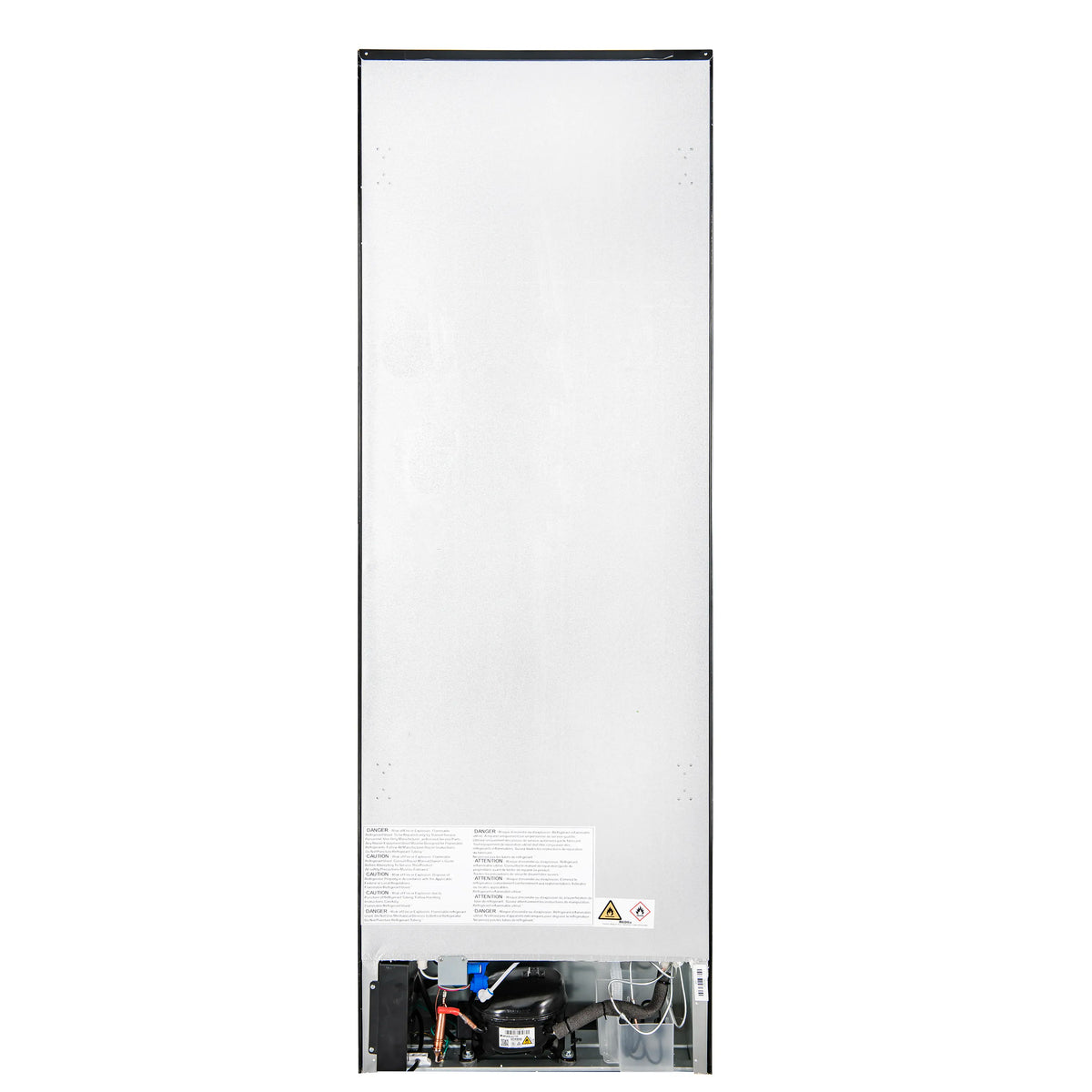 Bottom freezer interior with rear access panel and visible internal components