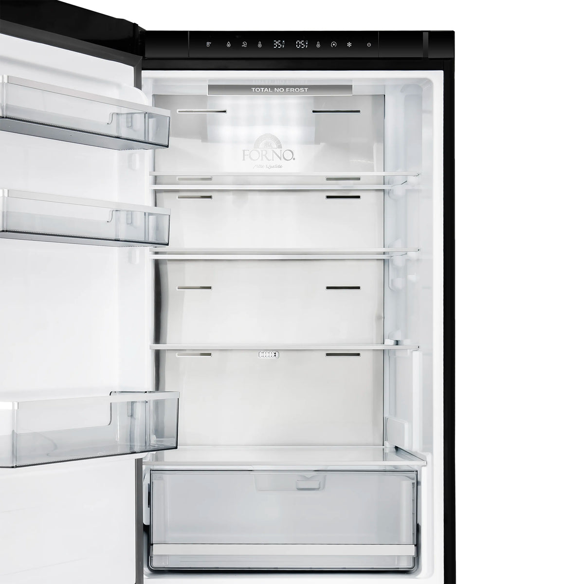 Bottom freezer refrigerator interior with shelves and a bottom freezer drawer