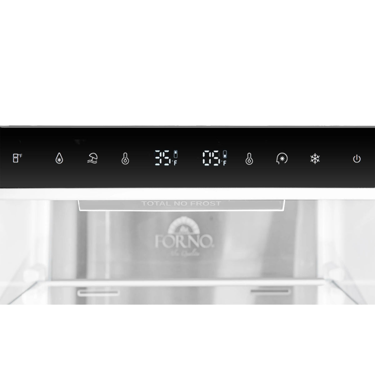 Bottom freezer control panel with temperature and function icons