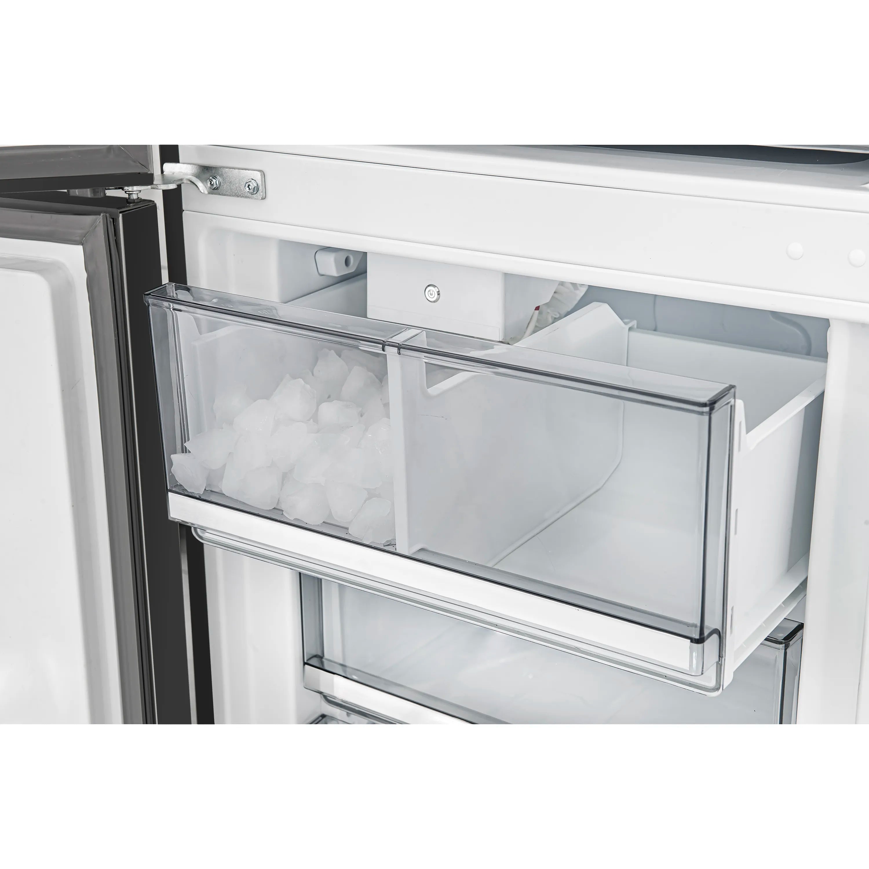 Freezer drawer with clear bin holding visible ice cubes