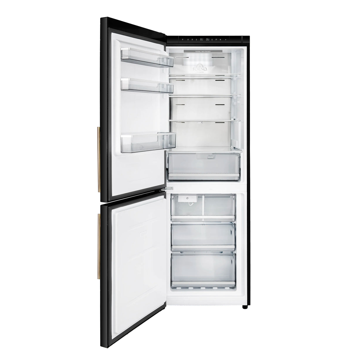 Black bottom freezer refrigerator with open door and stacked interior drawers