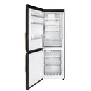 Black bottom freezer refrigerator with open door and stacked interior drawers
