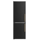 Black bottom freezer refrigerator with antique brass double door handles