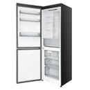 Black bottom freezer open with white interior shelves and drawers