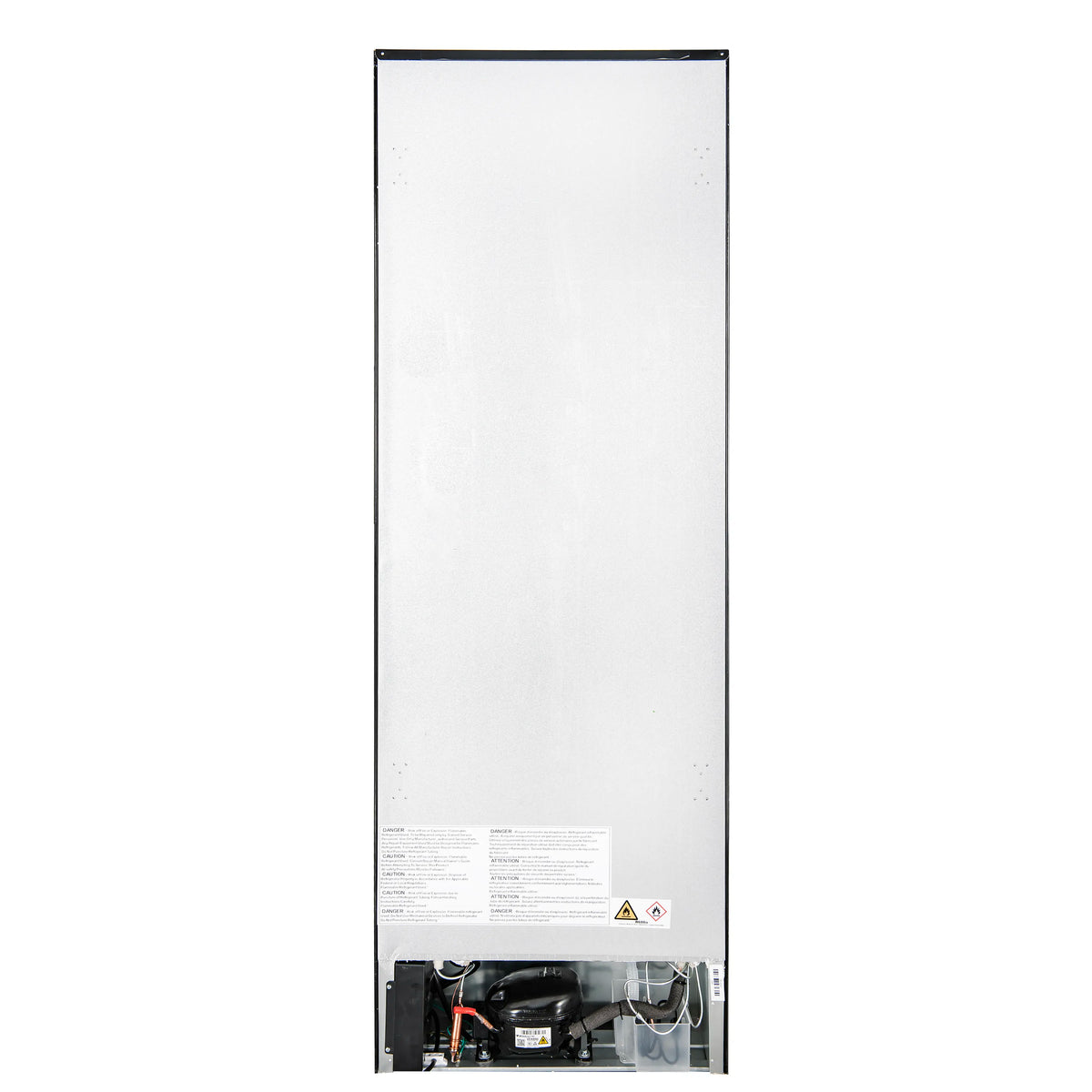 Bottom freezer rear access panel with exposed wiring and compressor area