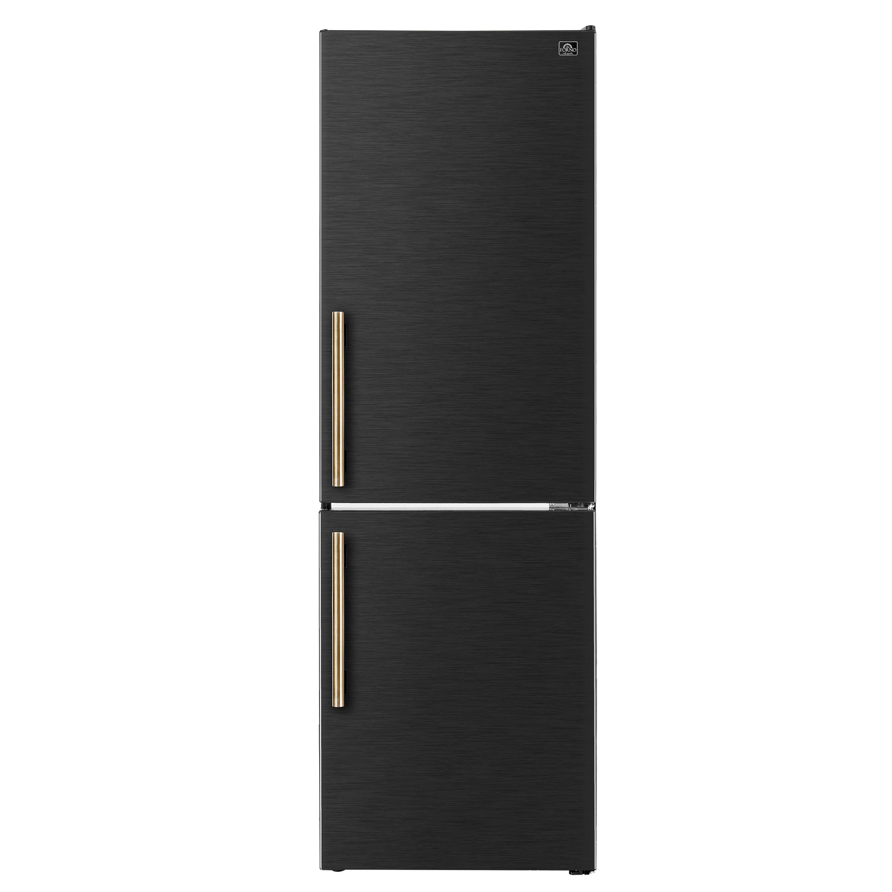 Black bottom freezer with two antique brass vertical handles, doors closed