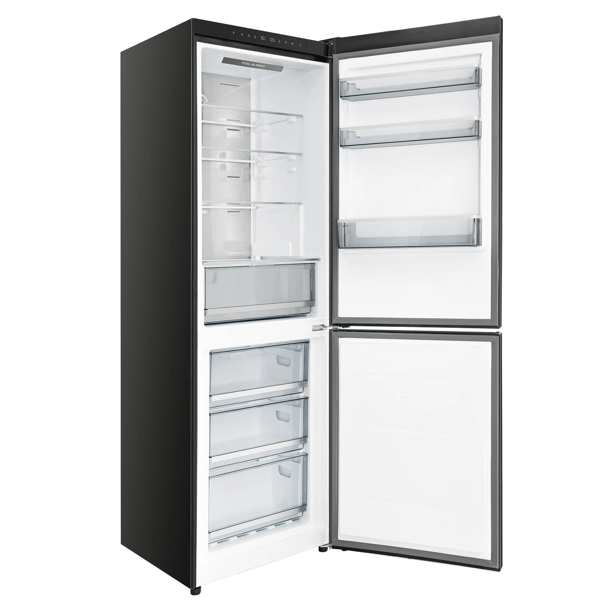Black refrigerator-freezer with doors open showing white interior shelves and drawers