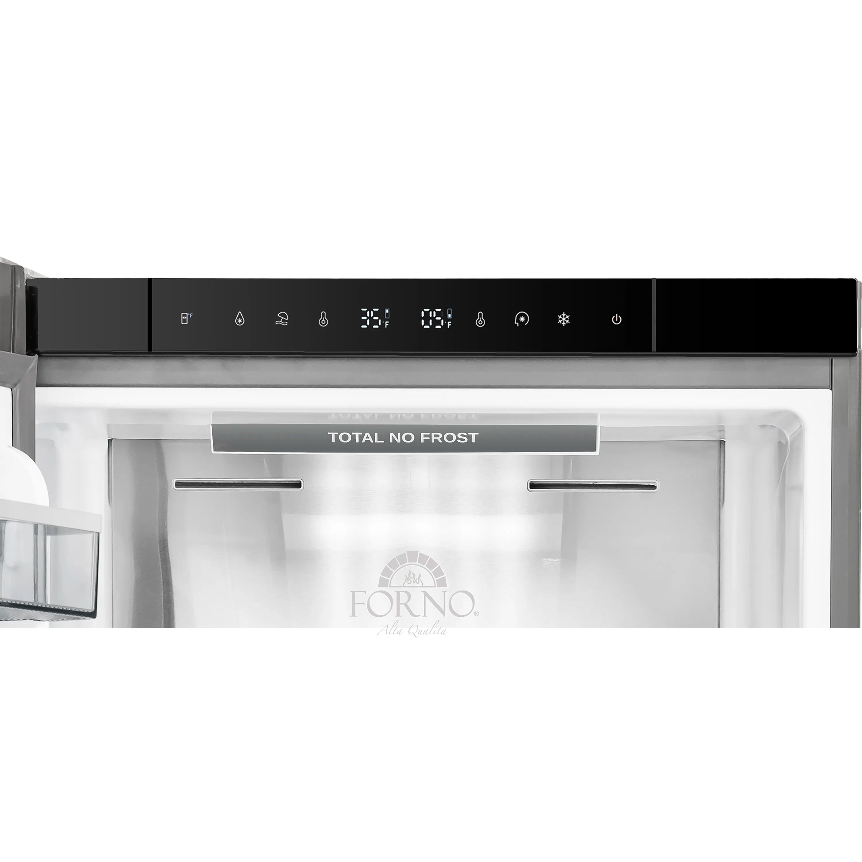 Refrigerator top control panel with 'TOTAL NO FROST' display above freezer area.