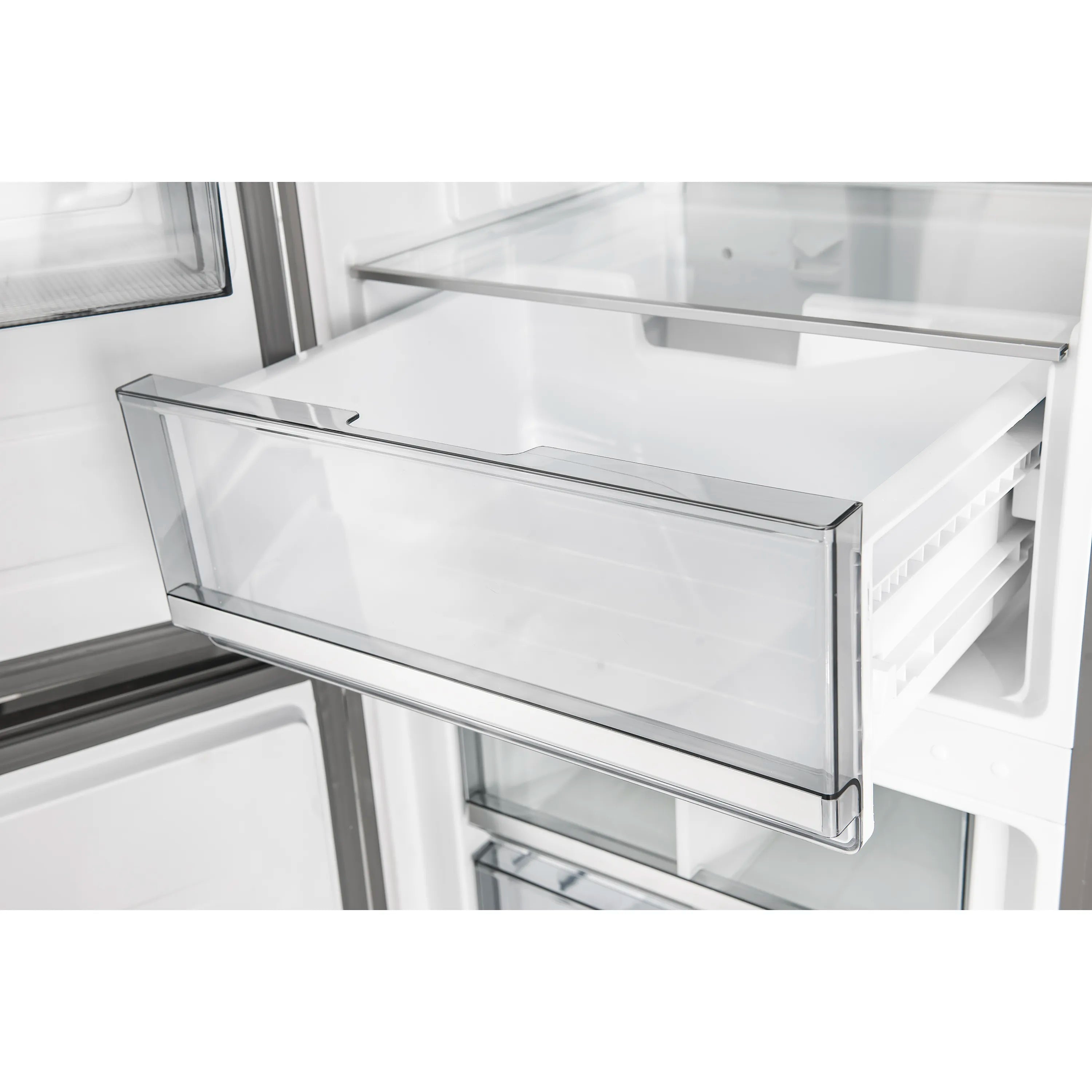 Bottom freezer refrigerator with open freezer door and clear glass shelf bin inside.