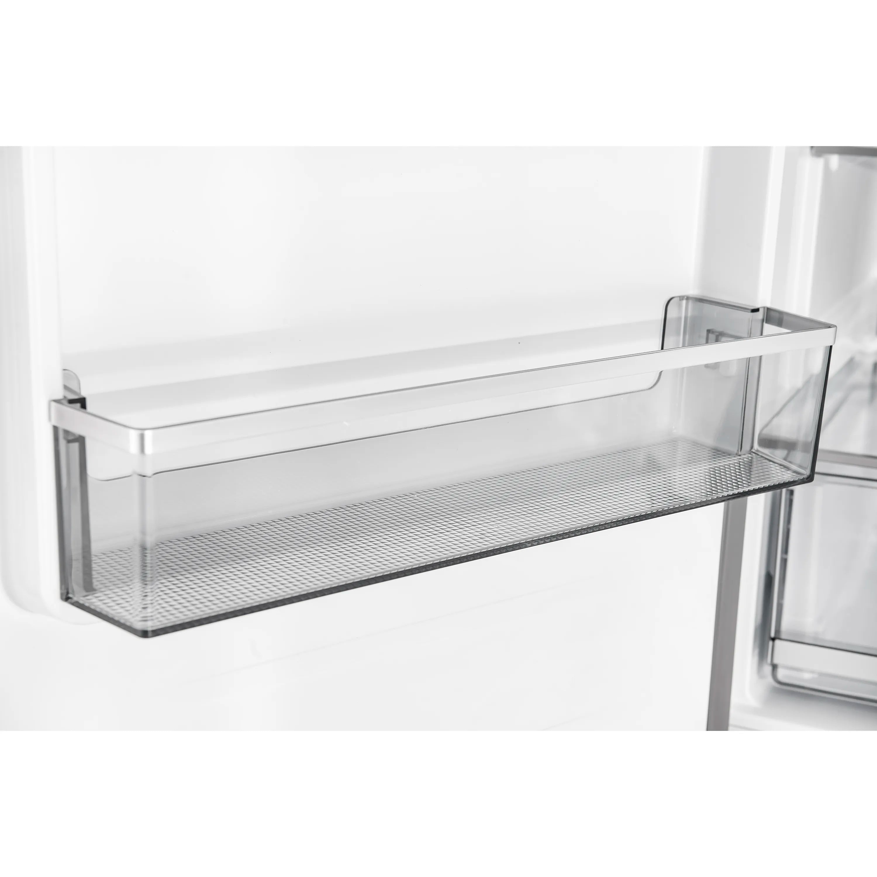 Stainless bottom freezer interior with clear bin and wire shelf