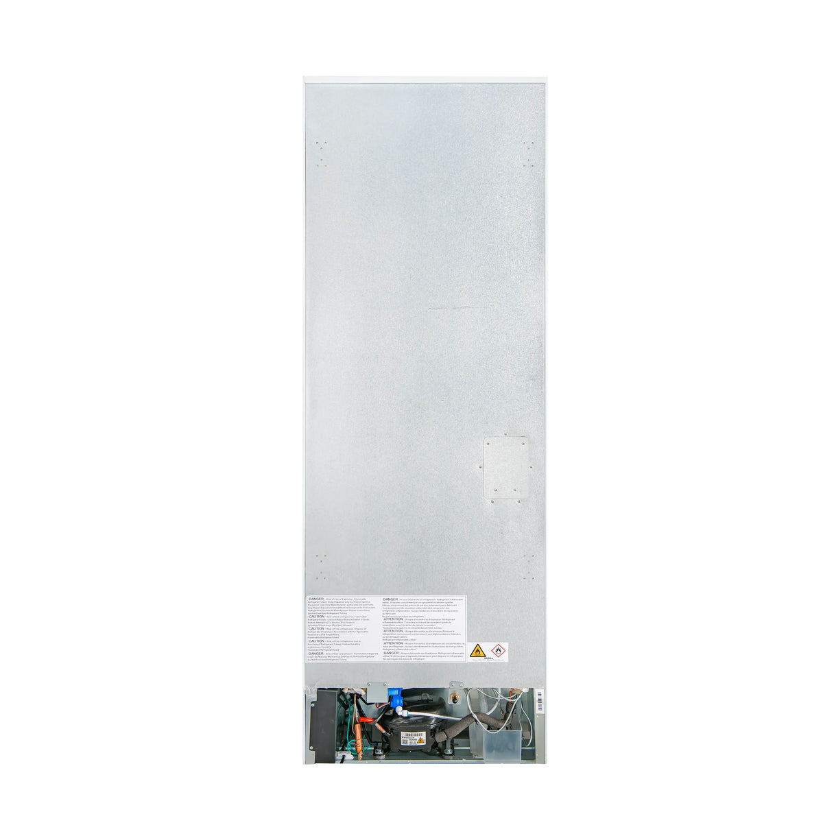 White freezer door exterior panel with warning label and bottom access area