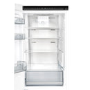 White refrigerator-freezer with open door, showing adjustable shelves and freezer drawers