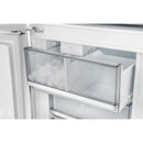 Transparent ice drawer filled with ice cubes inside a white refrigerator-freezer