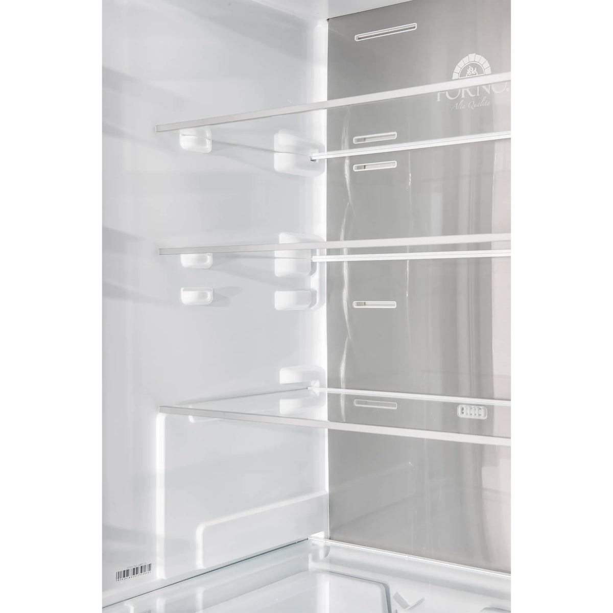 Open refrigerator interior with glass shelves and bright LED lights