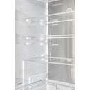Open refrigerator interior with glass shelves and bright LED lights