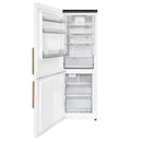 White refrigerator-freezer with door open showing stacked freezer drawers and shelves