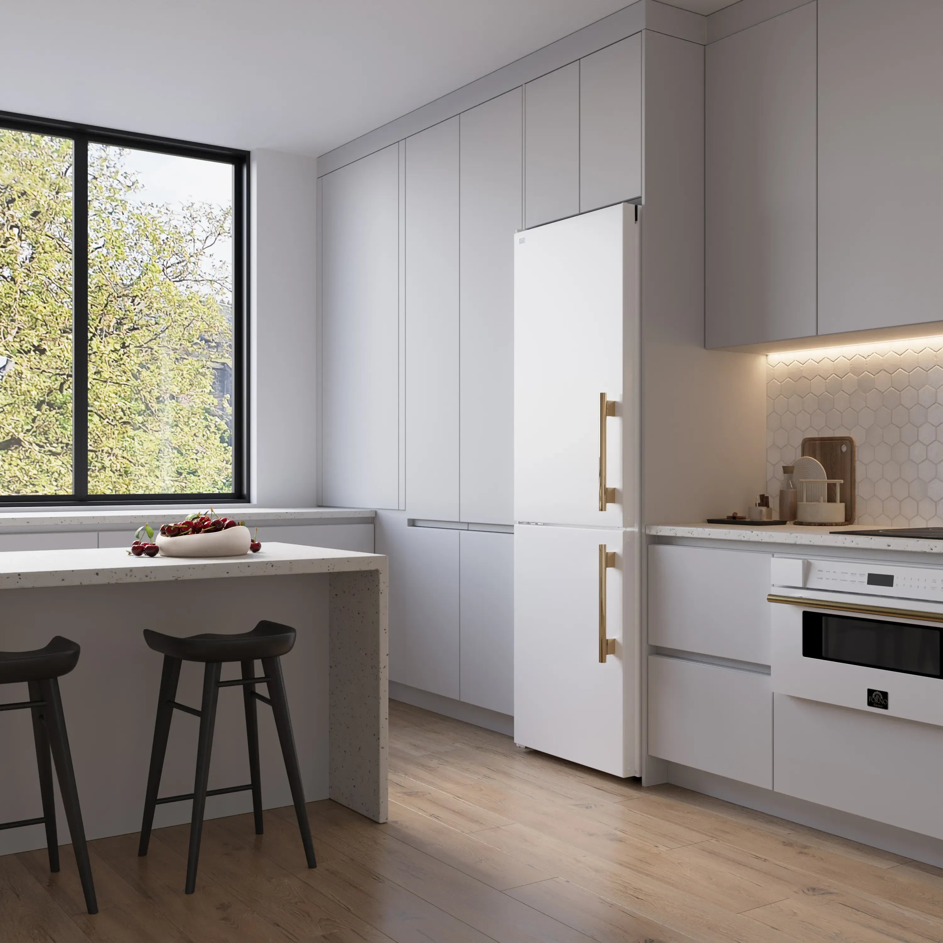 White refrigerator-freezer with antique brass handles installed in a kitchen