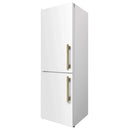White bottom freezer refrigerator with two antique brass door handles