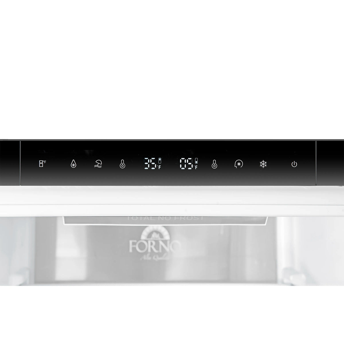 Bottom freezer control panel with digital display and white cooling vents at top.