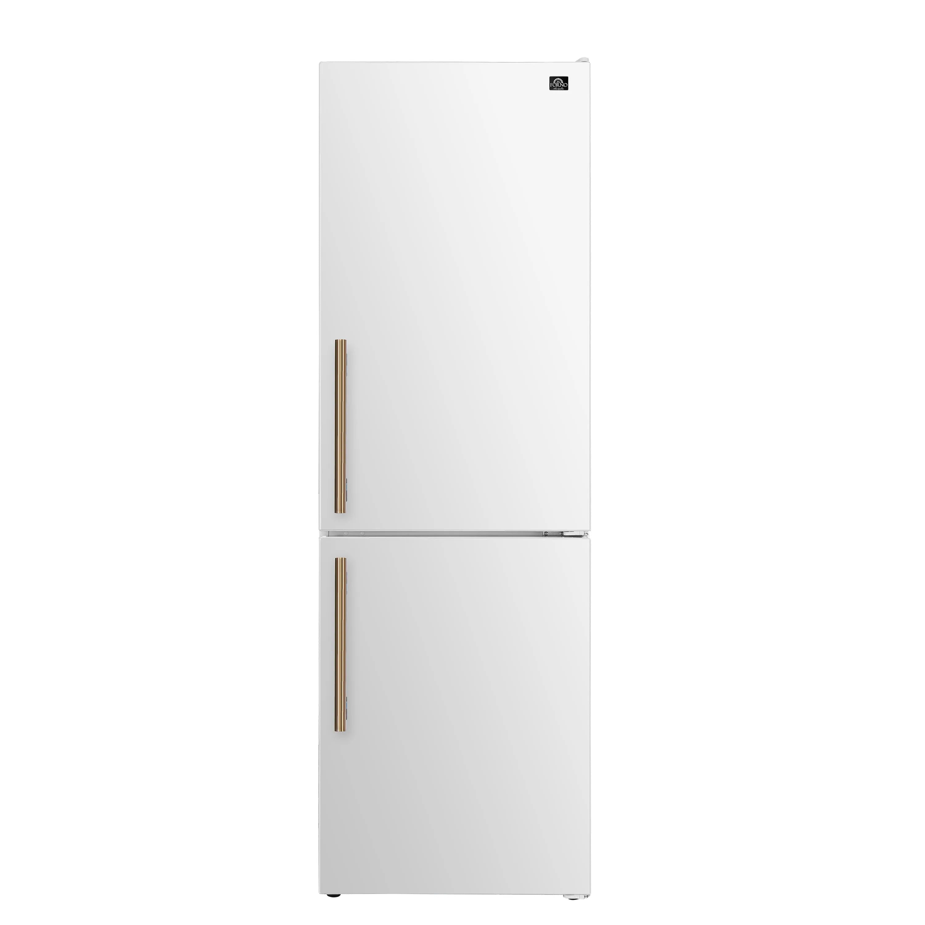 White bottom-freezer refrigerator exterior with two antique brass vertical handles.