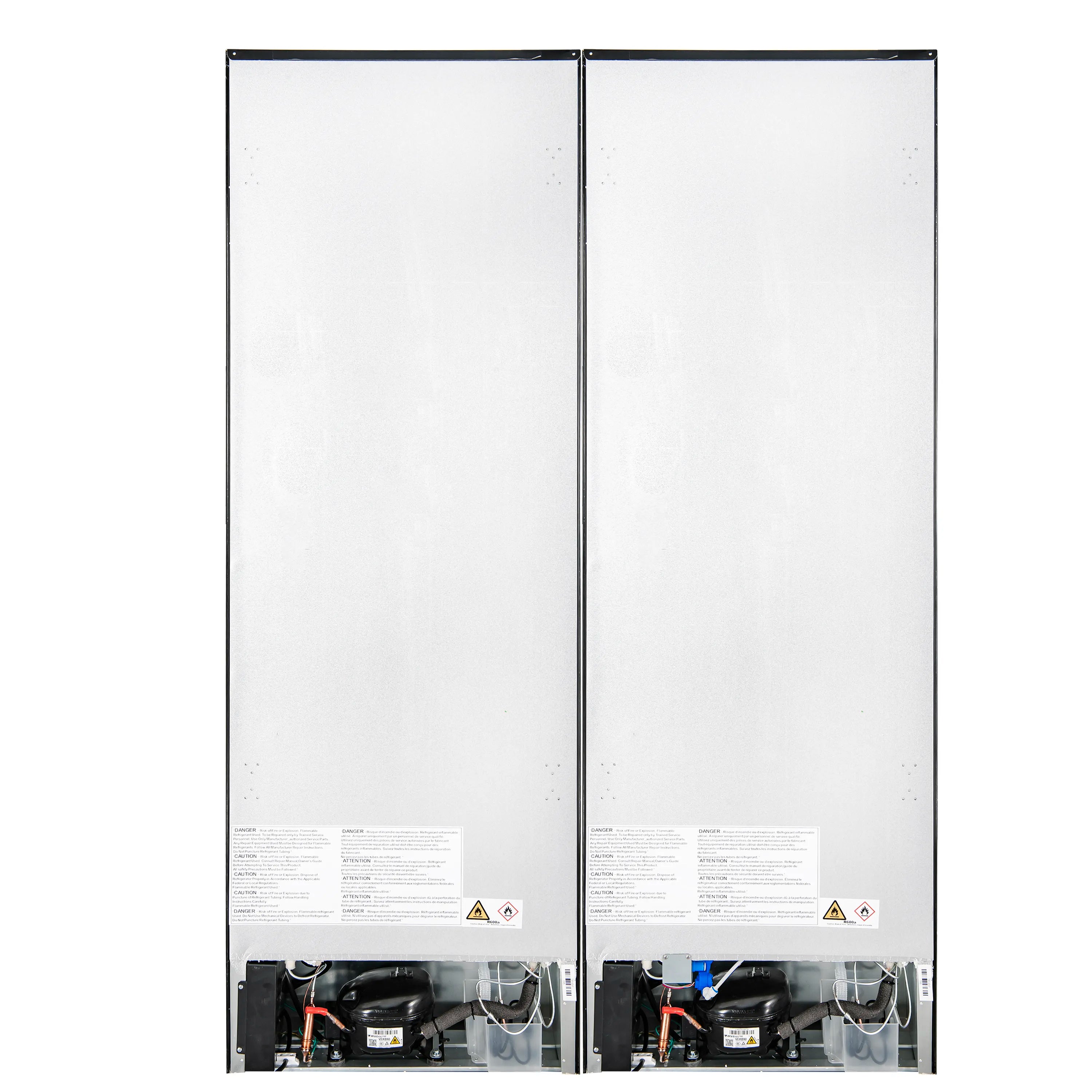 Rear view of refrigerator with visible compressor components behind doors