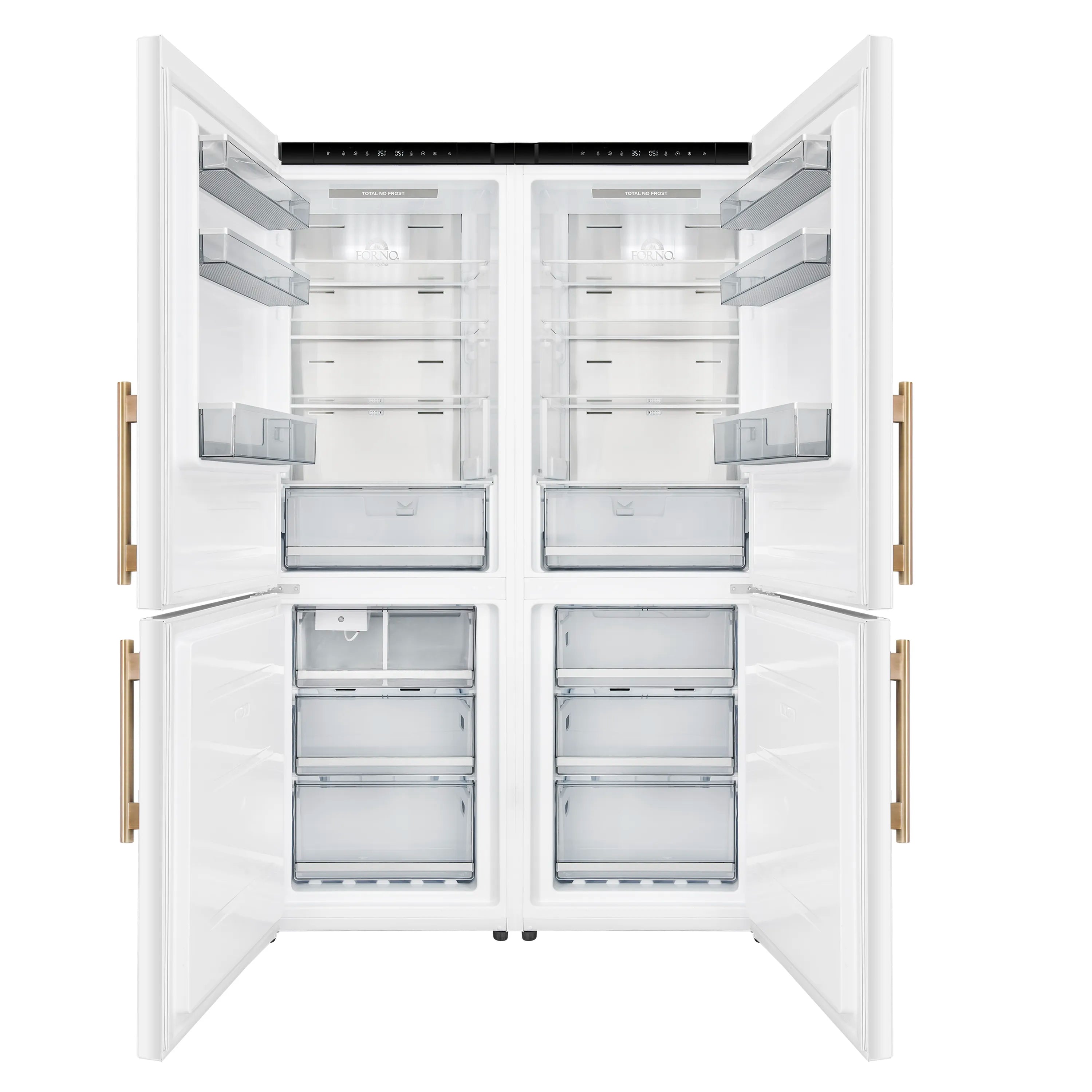 Open white refrigerator showing adjustable shelves and multiple freezer drawers