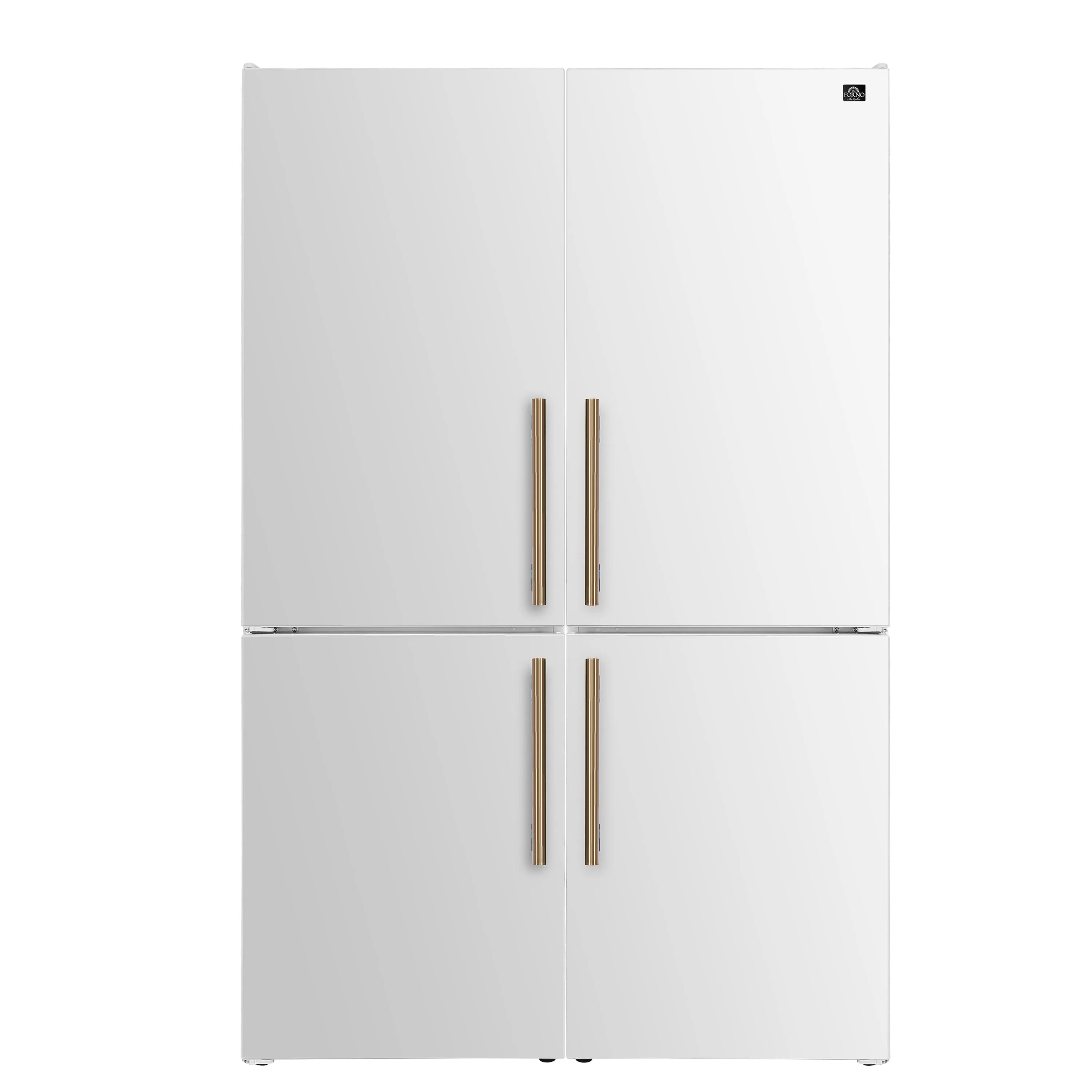 White two-door refrigerator with antique brass bar handles and bottom freezer layout