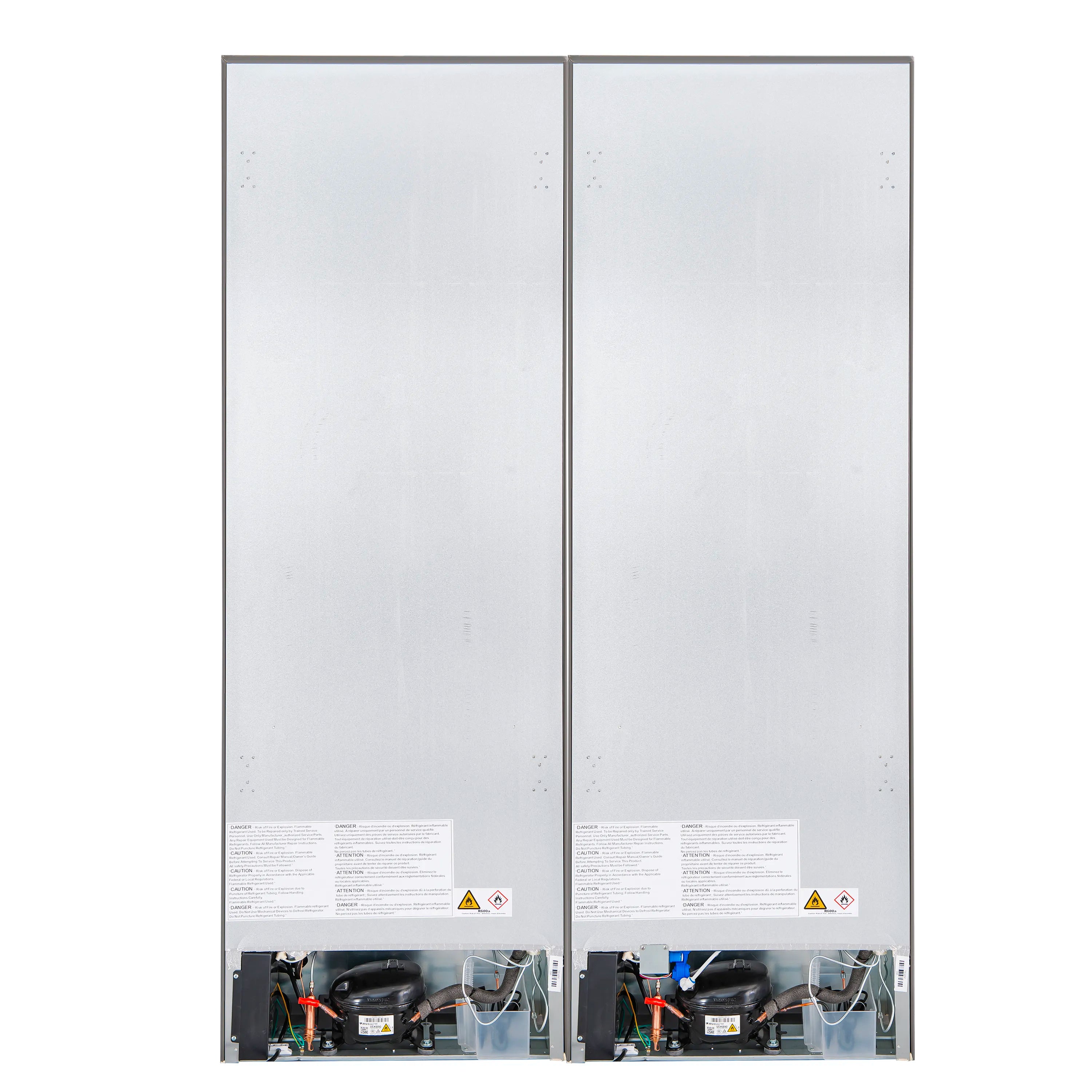Bottom freezer refrigerator back side showing compressor compartment and wiring panel.