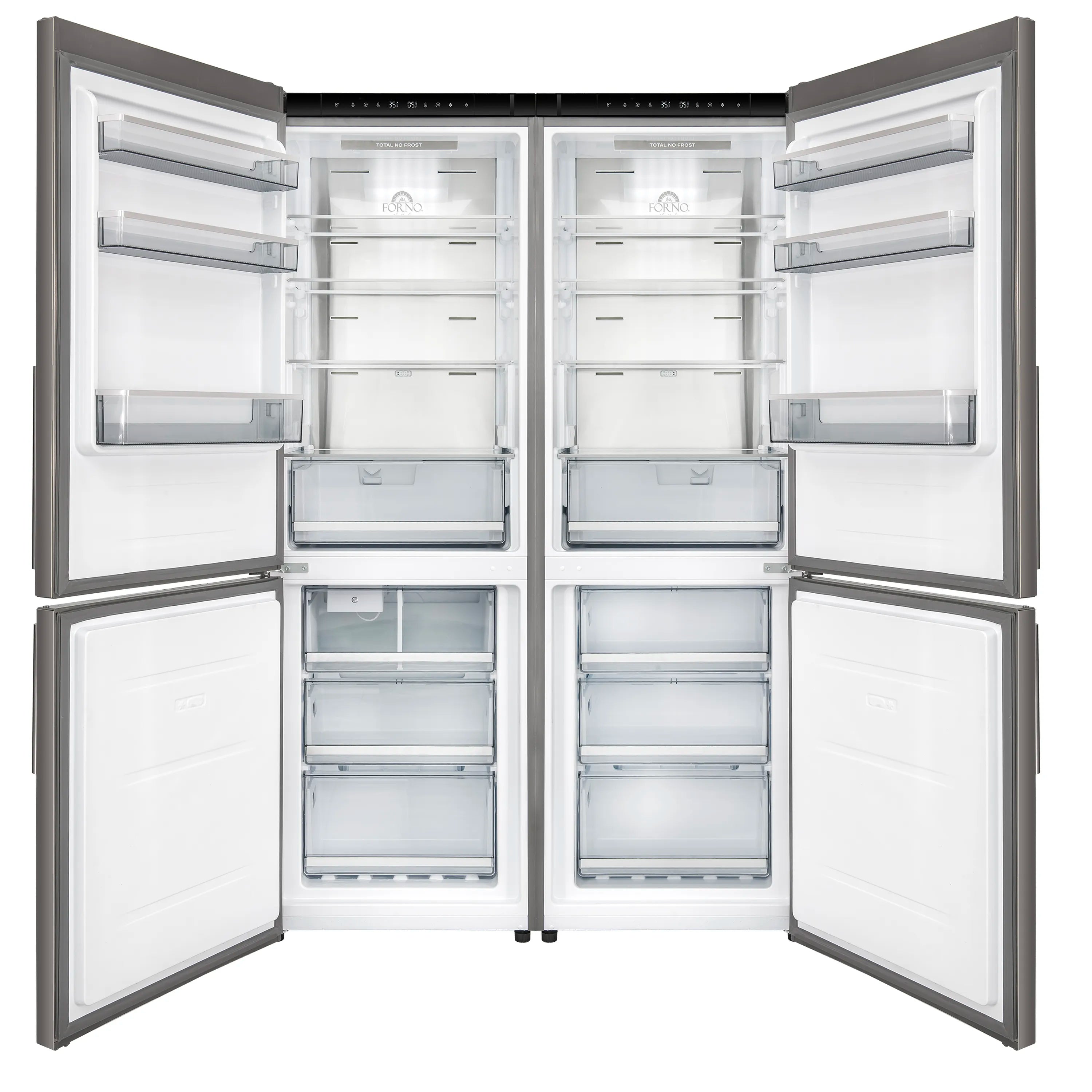 Bottom freezer refrigerator with both doors open, showing upper and lower storage compartments.