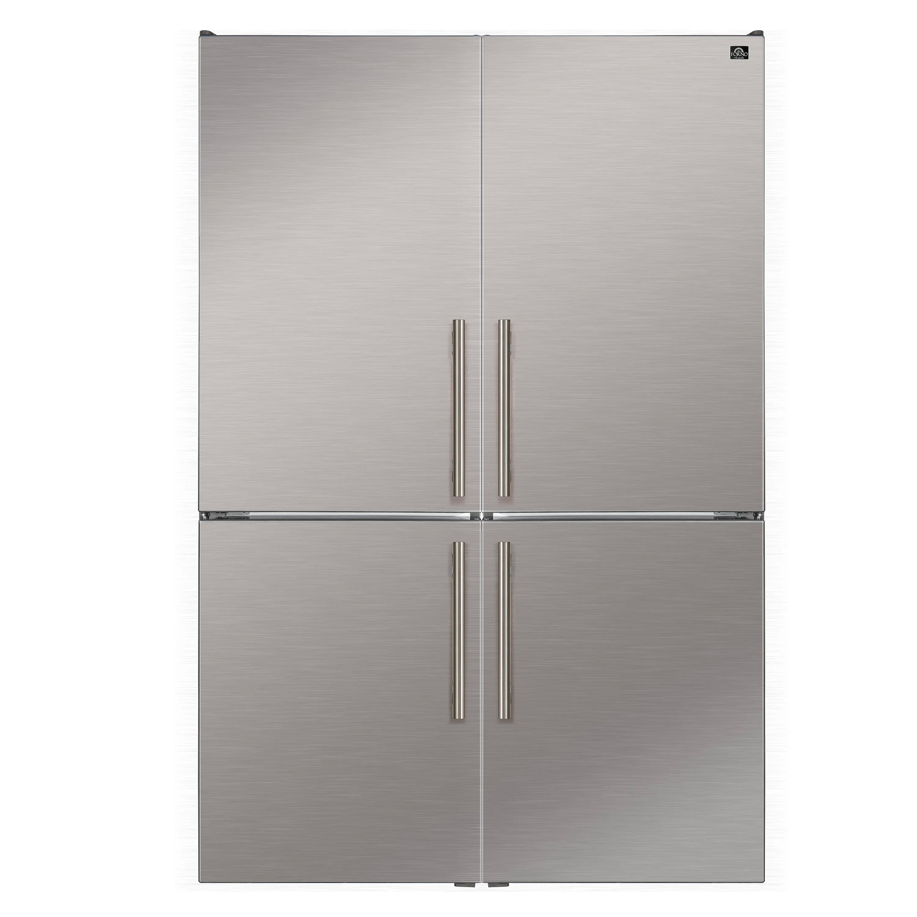 Stainless steel bottom freezer refrigerator with four doors and central divider.