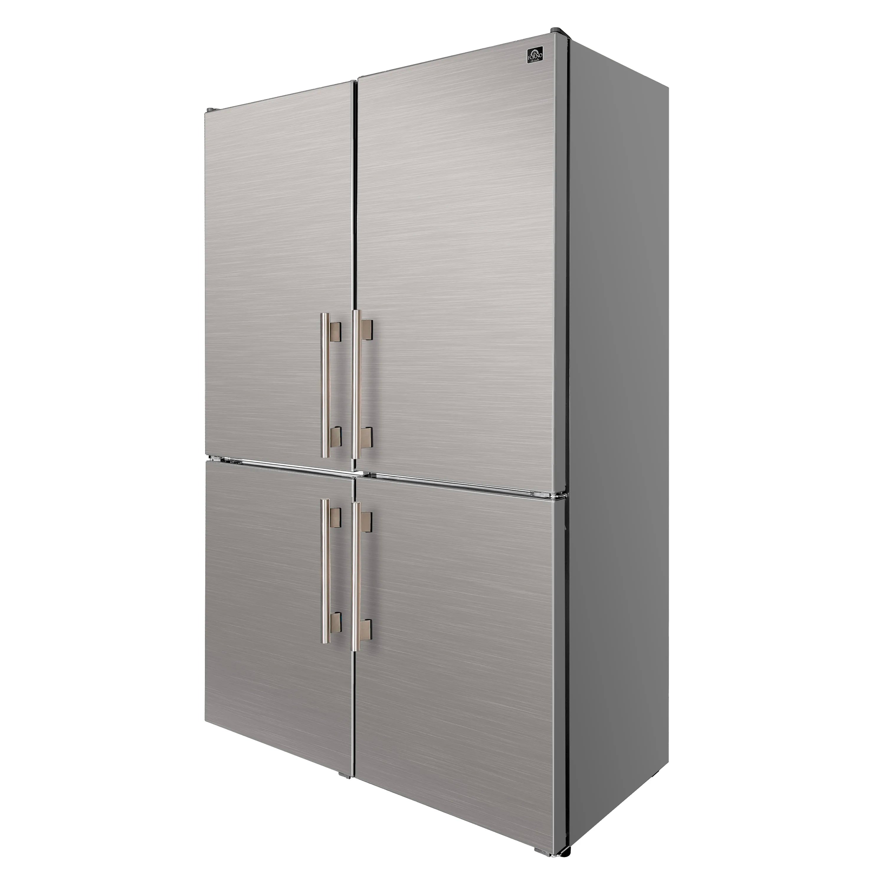 Stainless steel bottom freezer refrigerator angled view with dual handle layout.