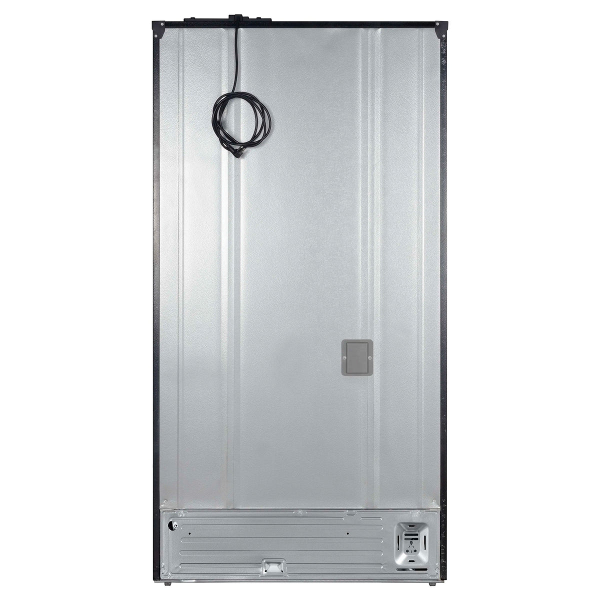 Refrigerator rear access panel with internal water line and electrical connection ports