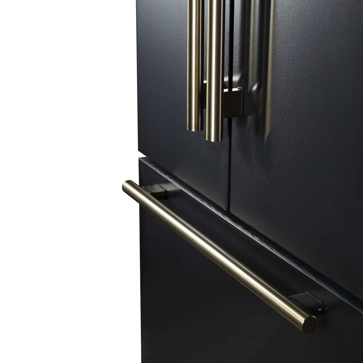 Black refrigerator with antique brass vertical and horizontal door handles