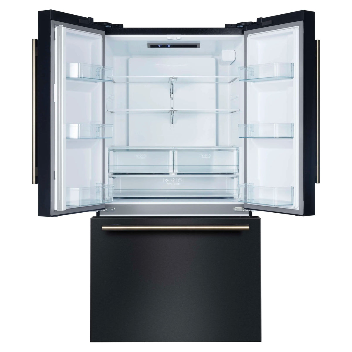 French-door refrigerator open to reveal interior shelves and door compartments
