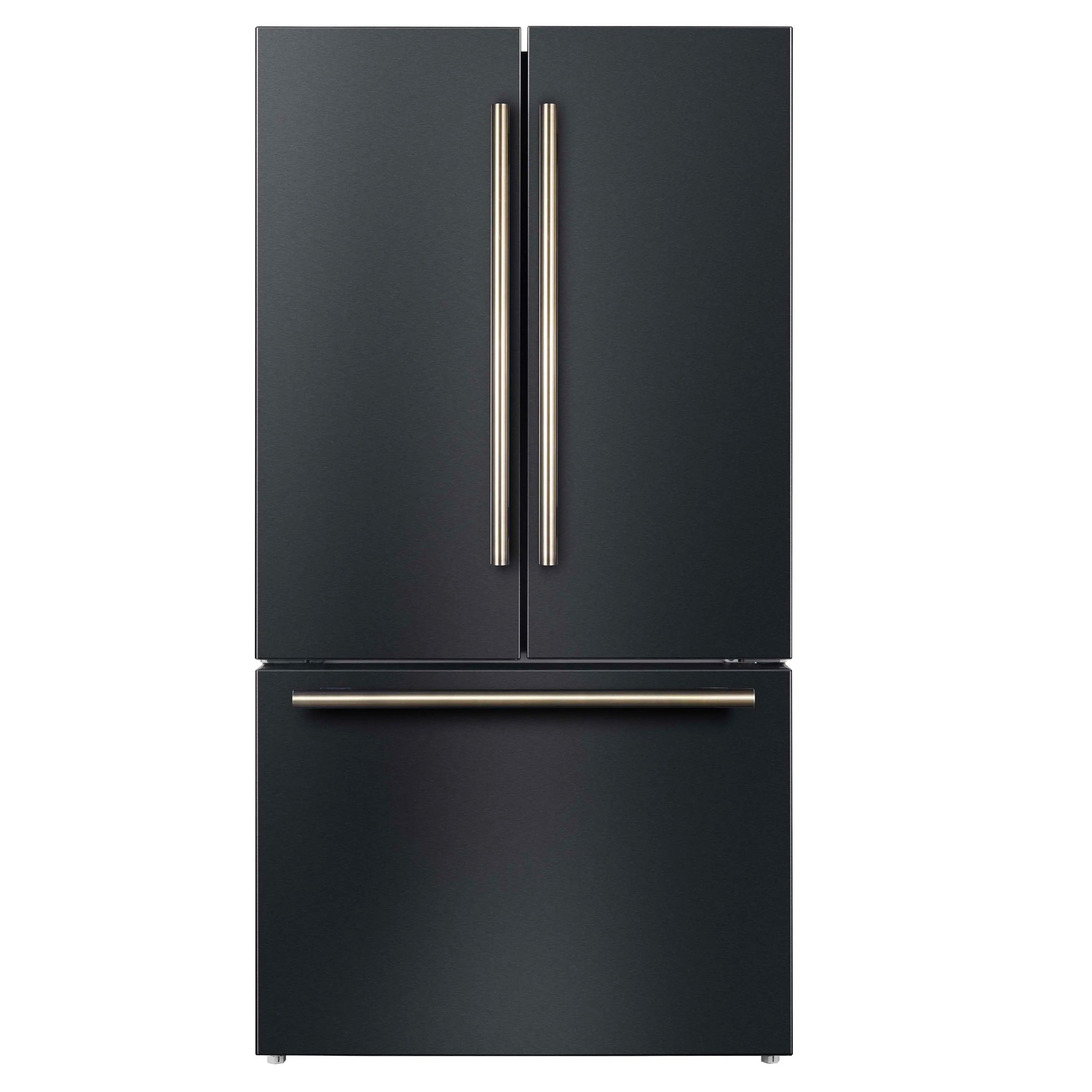 Black 2-door refrigerator with long antique brass vertical handles and bottom drawer