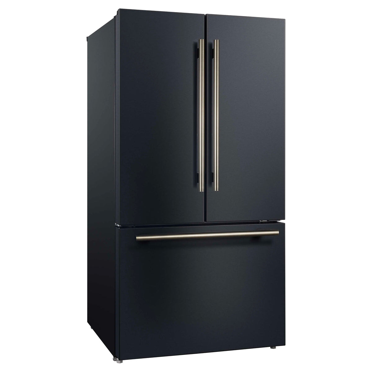 Black French-door refrigerator with antique brass long handles and bottom drawer