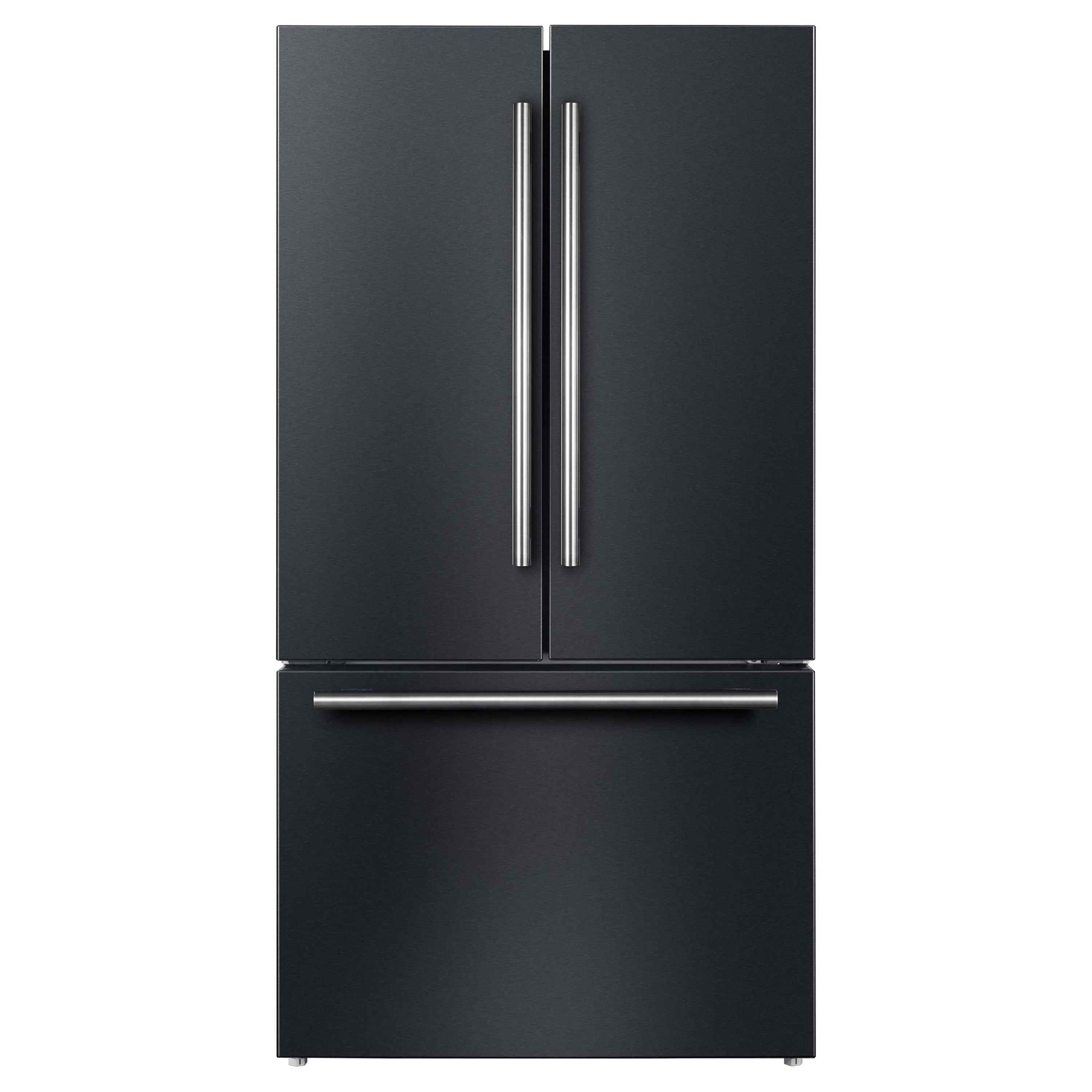 Black French door refrigerator front with double vertical handles and bar freezer handle