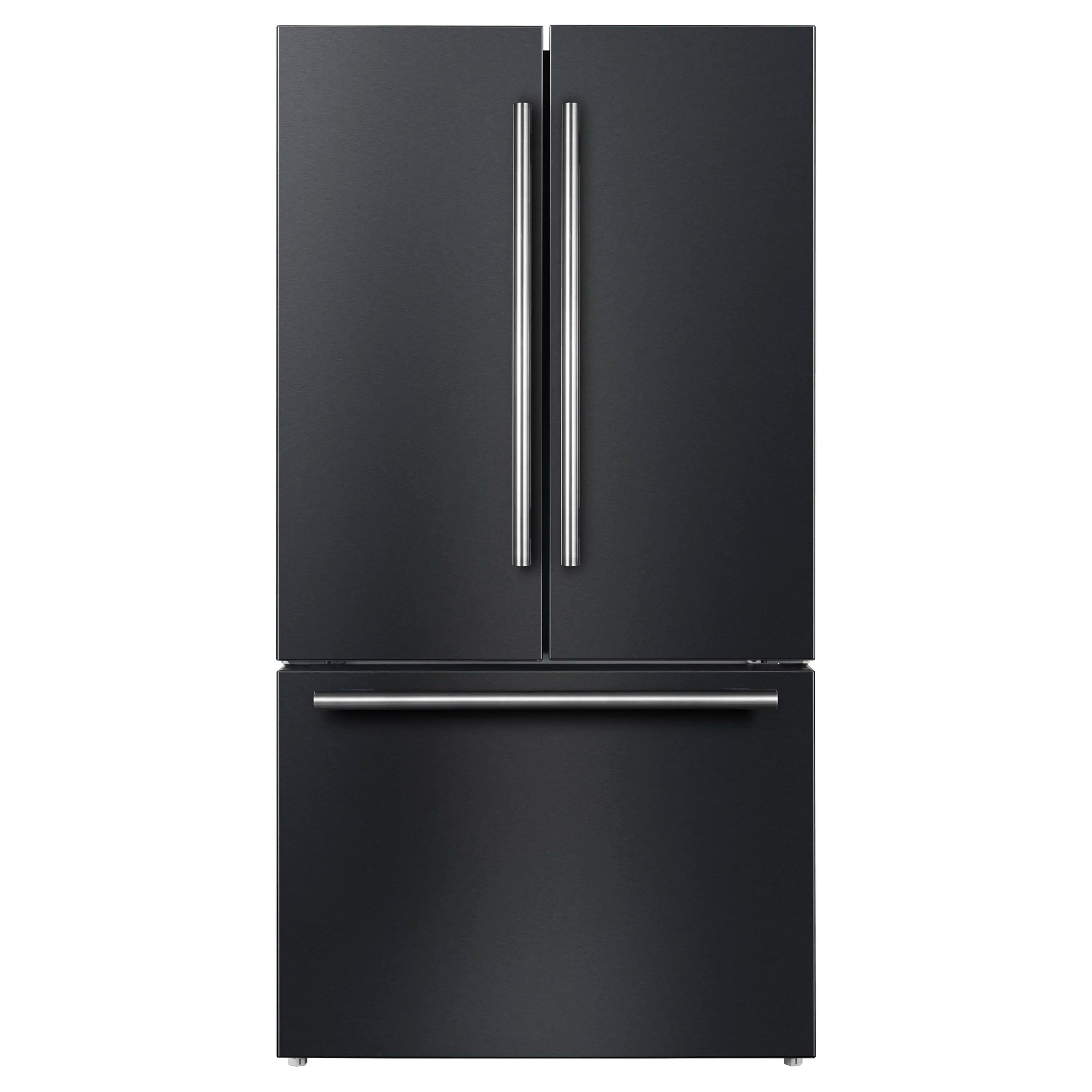 Black French door refrigerator with dual vertical stainless handles and bottom freezer handle