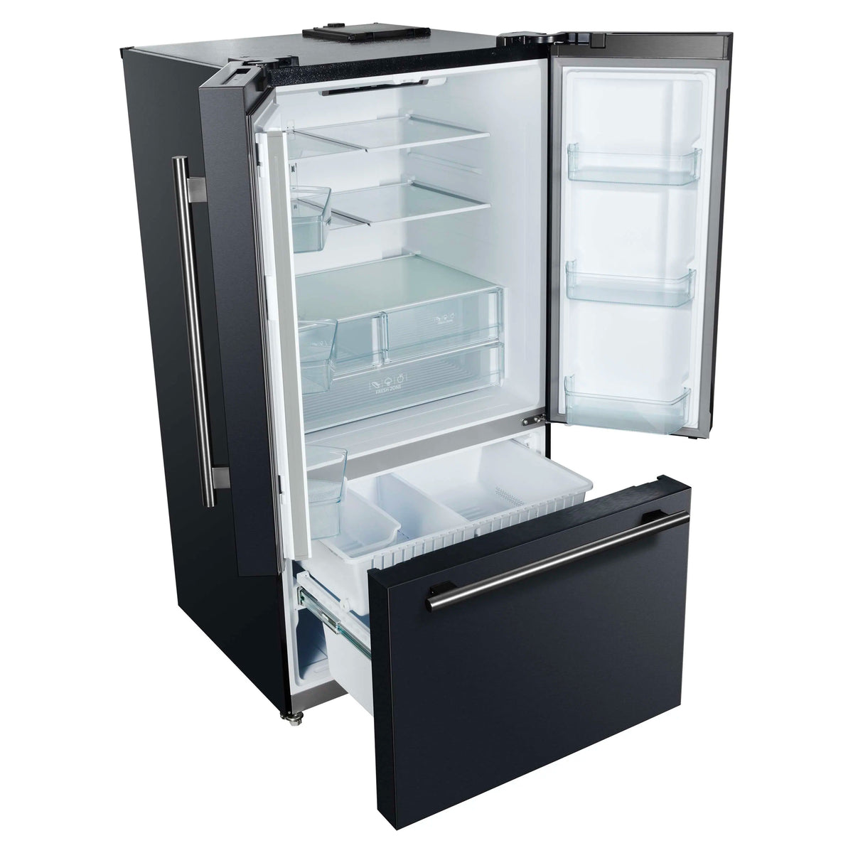 Black French door refrigerator with open doors, interior shelves, and top water dispenser