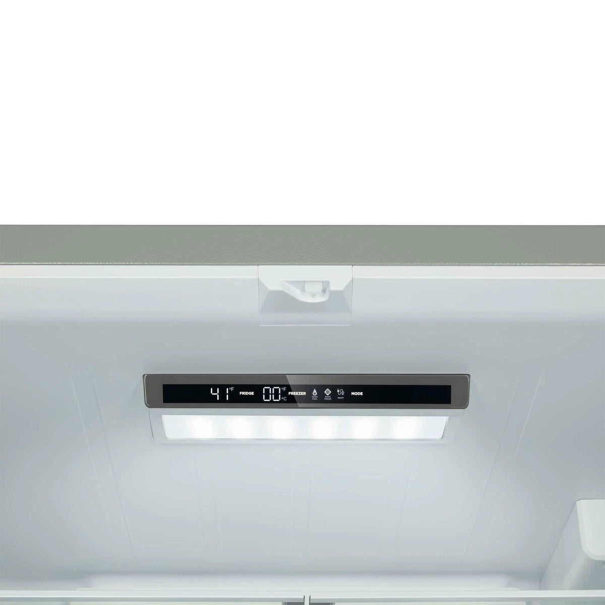 Interior control display panel above refrigerator interior with water dispenser area