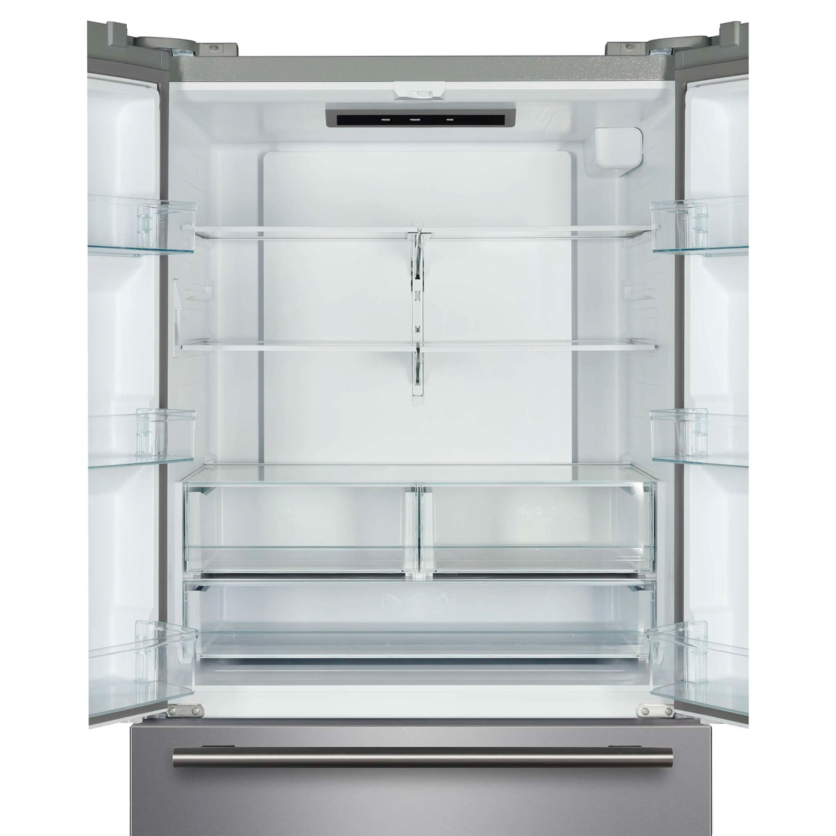 Open stainless French door refrigerator interior with adjustable glass shelves and drawer below